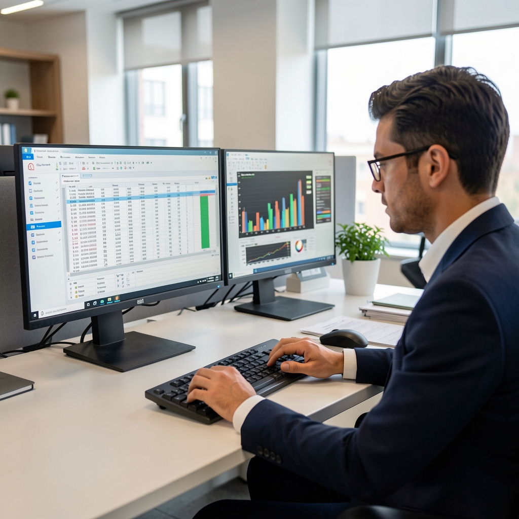 Modern muhasebe ofisinde çift monitörlü iş istasyonunda ERP yazılımı ve finansal tablolar açık, profesyonel muhasebeci çalışıyor