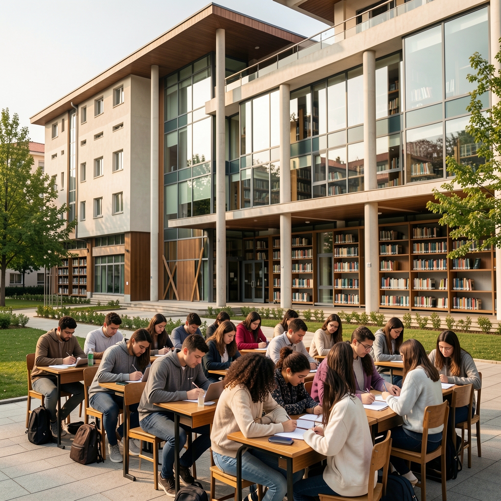 Türk üniversitesi kampüsünde modern kütüphane binası, öğrenciler önünde oturmuş ders çalışıyor