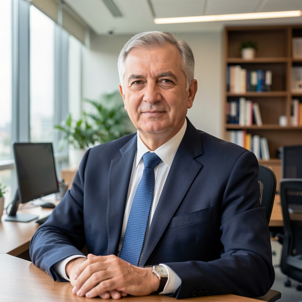 Orta yaşlı Türk erkek araştırmacı, takım elbise giymiş, profesyonel ofis ortamında