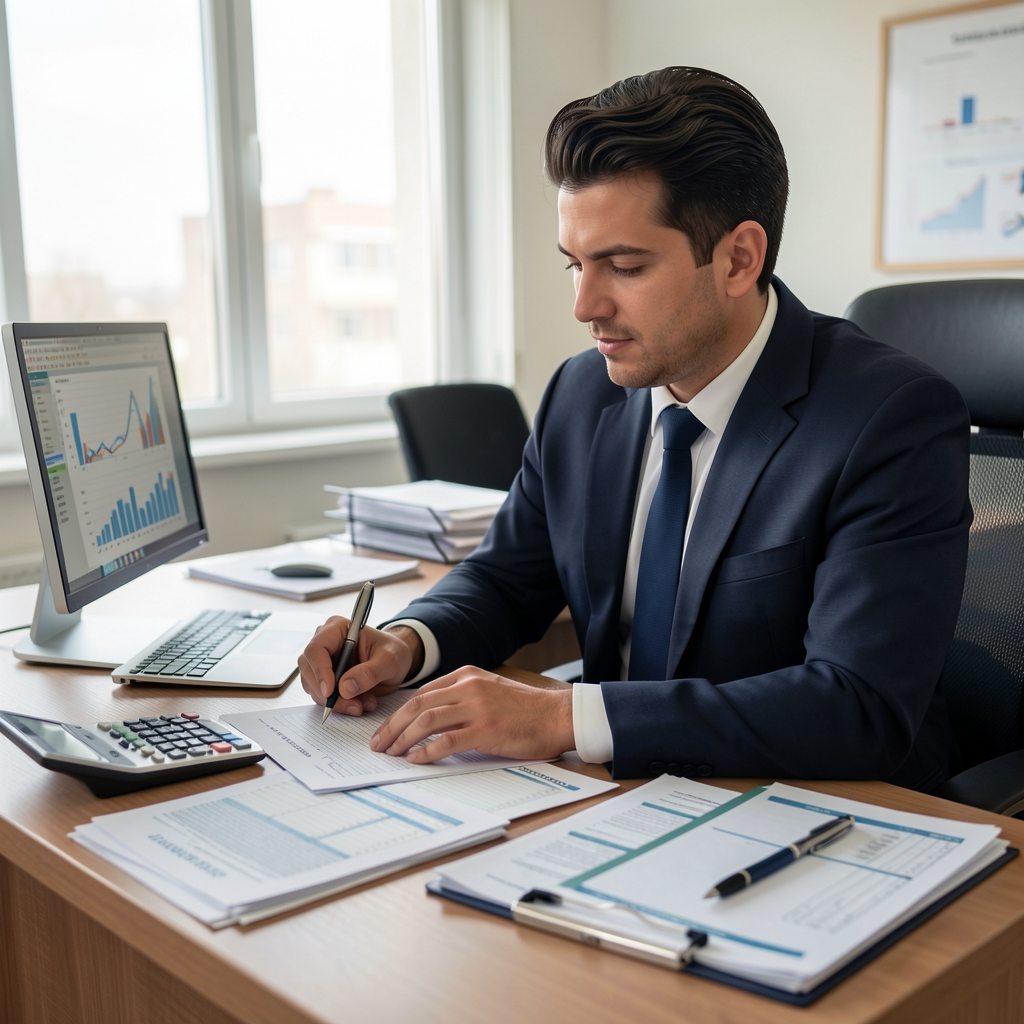 Muhasebe uzmanı masa başında finansal tablolar ve raporlar üzerinde çalışıyor, önünde hesap makinesi ve bütçe formları var