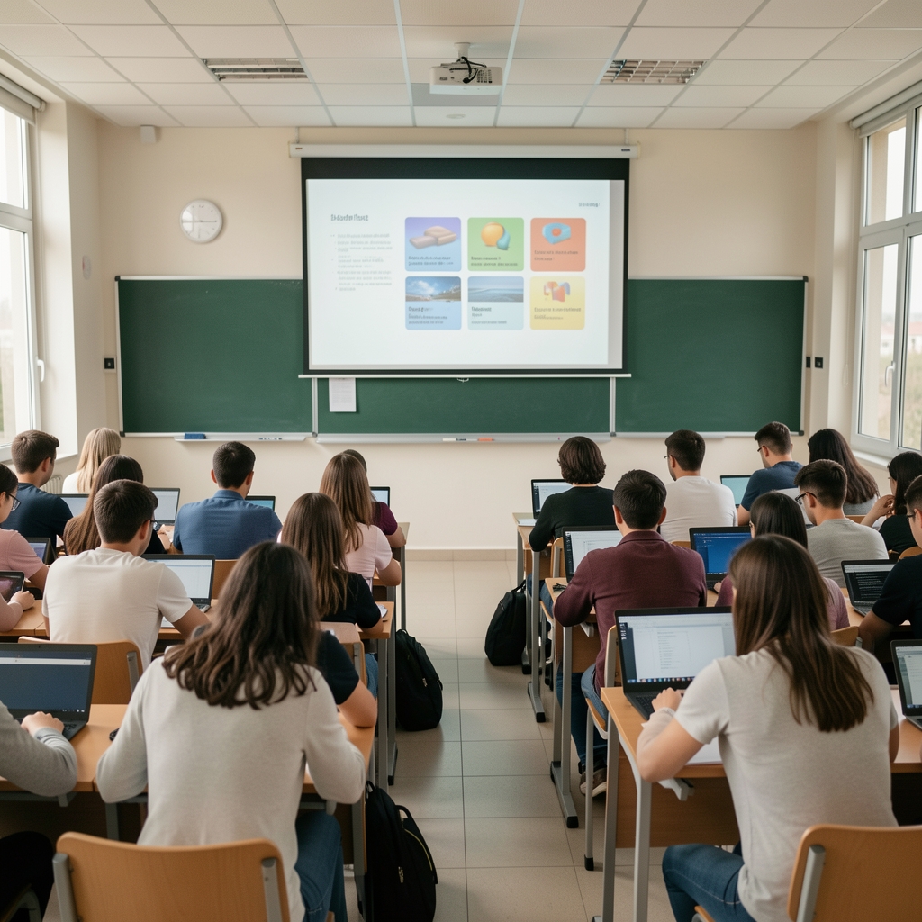 Modern üniversite sınıfında öğrenciler dizüstü bilgisayarlarla karma eğitim modeli çerçevesinde ders yapıyor, büyük ekranda sunu görünüyor