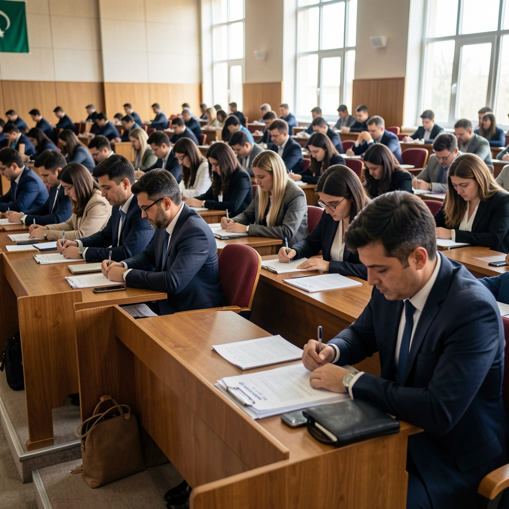 Türk muhasebe sınavı salonunda sıralarda oturan adaylar önlerindeki sınav kâğıtları üzerinde çalışıyor, resmi sınav ortamı